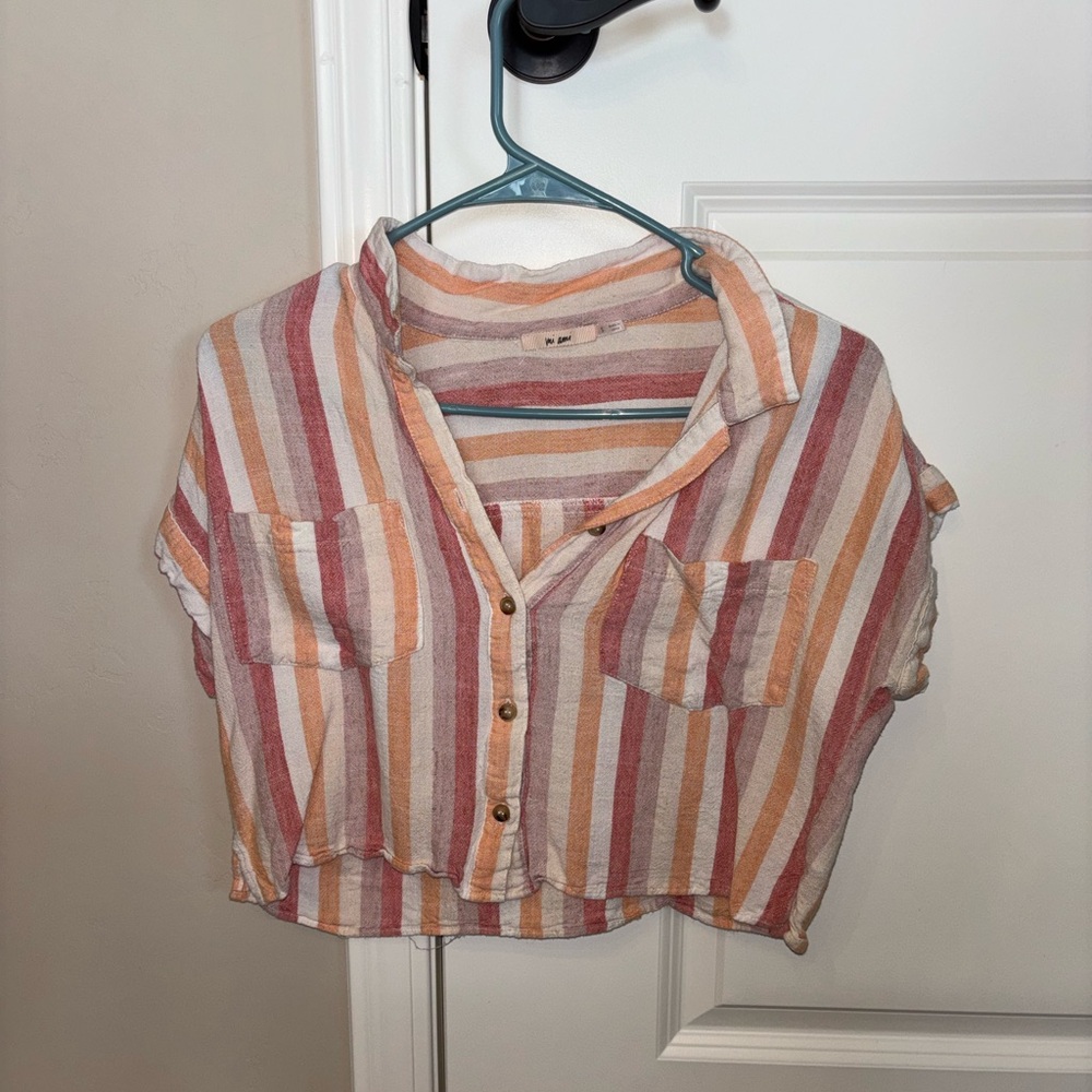 Francesca's Collections Striped Cropped Button-Down Top - Peach, Pink, White